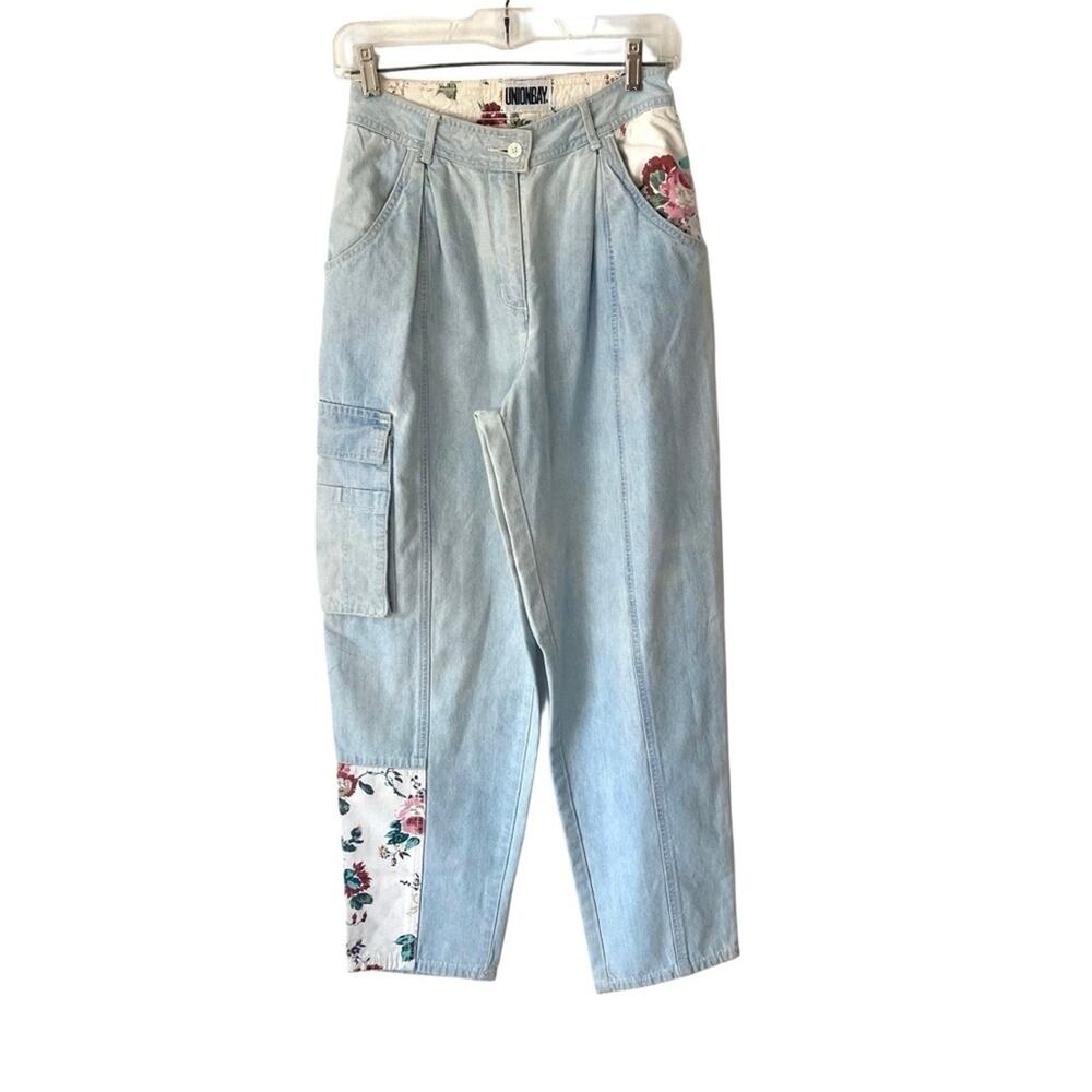 Vintage Union Bay Floral Patchwork Cargo Light Blue Denim Jeans size 6 waist 26